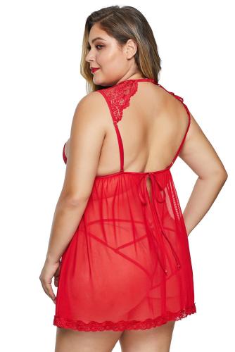 Red Hollow-out Bust Lace Upper Open Back Plus Size Babydoll