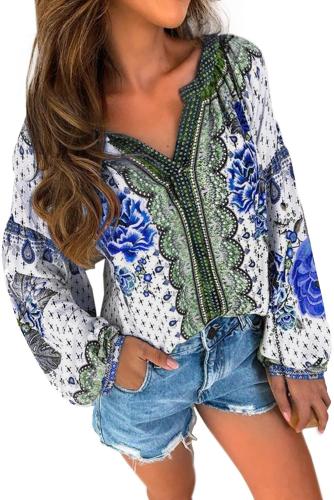 Blue Floral Print Long Sleeve Mid-Length Blouse