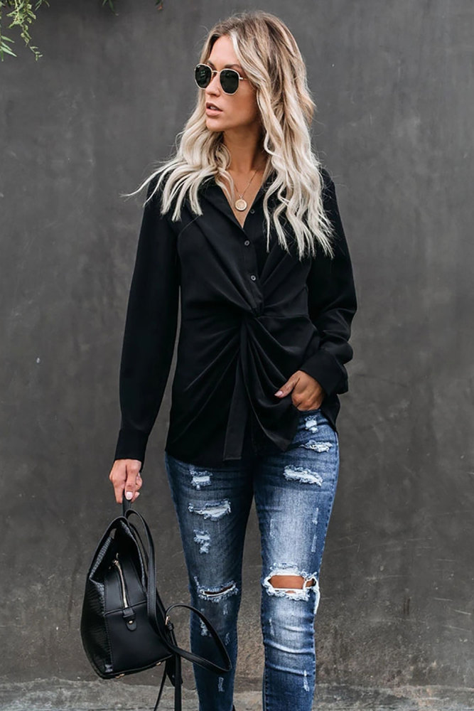 Black Button Down Twist Blouse