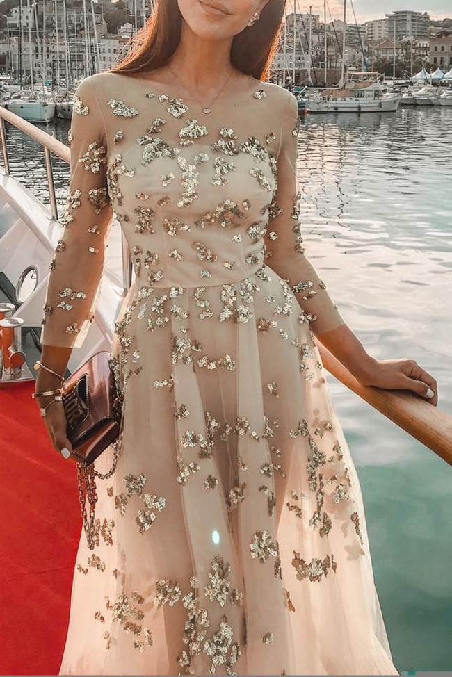 Apricot Fairy Sequins Perspective Tulle Dress