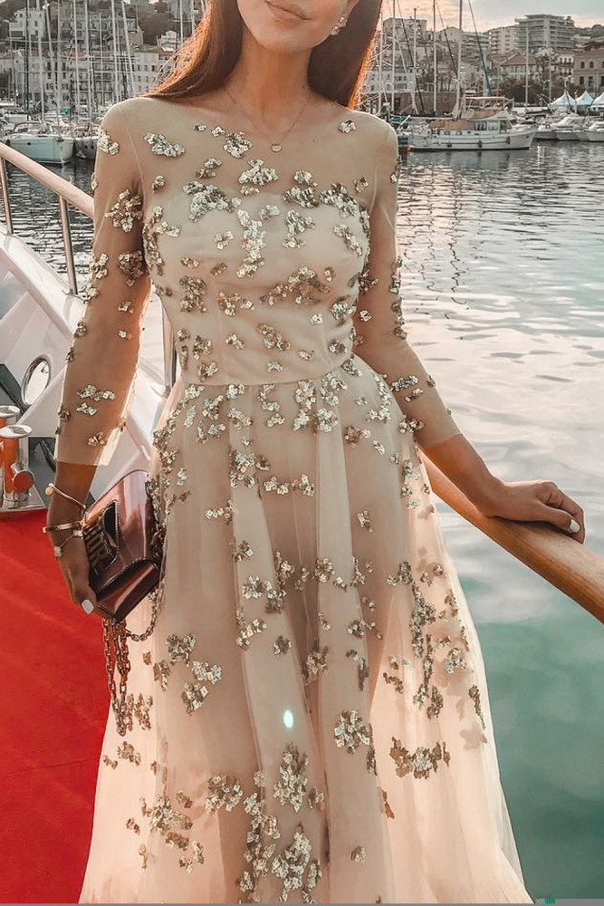 Apricot Fairy Sequins Perspective Tulle Dress