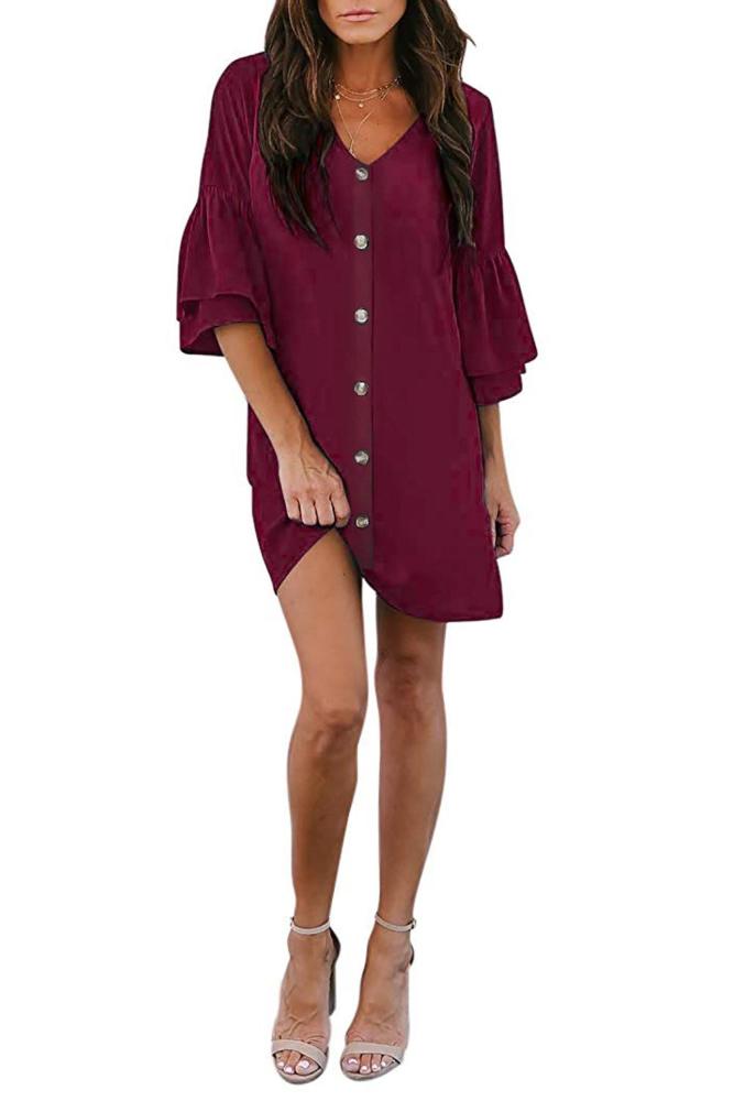 Red V Neck Buttoned Bell Sleeve Shift Shirt Dress