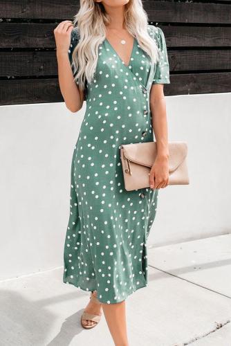 Green Polka Dot Button Down Aside Midi Dress