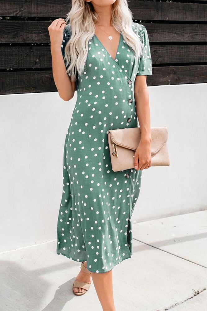 Green Polka Dot Button Down Aside Midi Dress