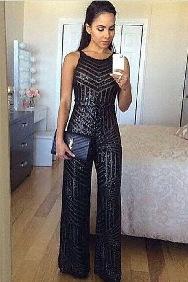 Black Geometric Stripe Sequin Spahetti Strap Wide Leg Jumpsuit
