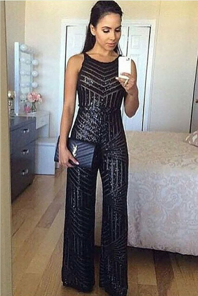 Black Geometric Stripe Sequin Spahetti Strap Wide Leg Jumpsuit