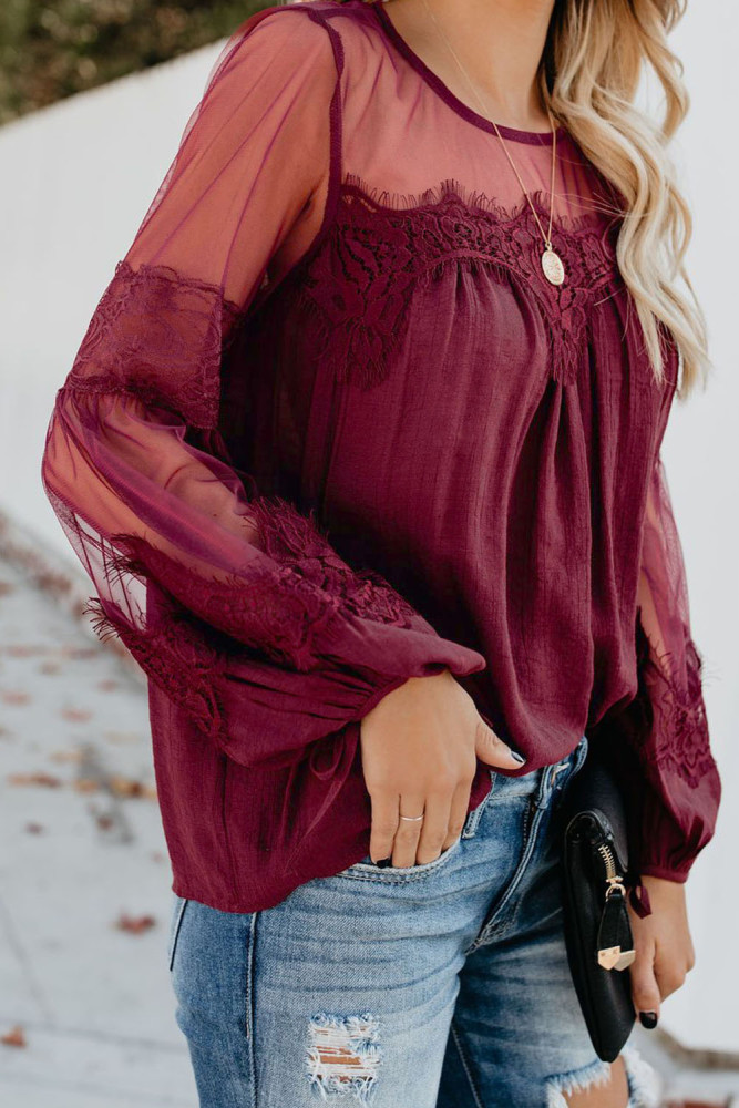 Red Fashion Lantern-Sleeve Lace Patchwork Top