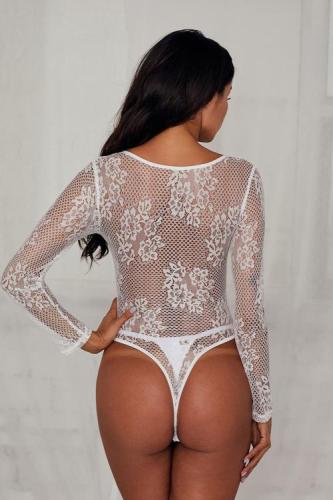 White Underwire Floral Lace Long Sleeve Bodysuit