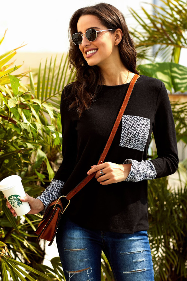 Black Chevron Print Pocket and Sleeve Cuffs Top