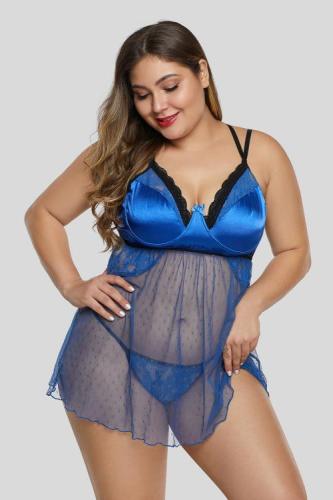 Blue Satin Dotted Mesh Plus Size Lingerie
