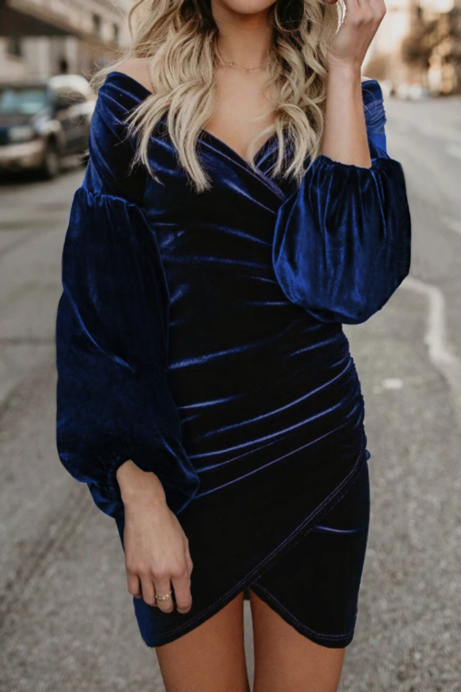 Blue Puff Sleeve Off Shoulder Wrap Bodycon Velvet Dress