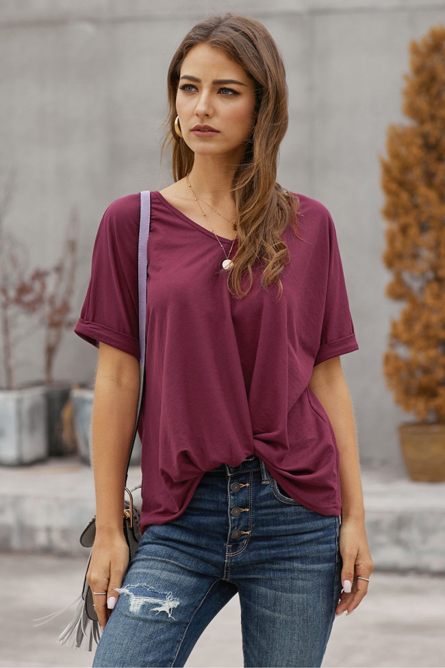 Burgundy Plain Short Sleeve Twist Tee