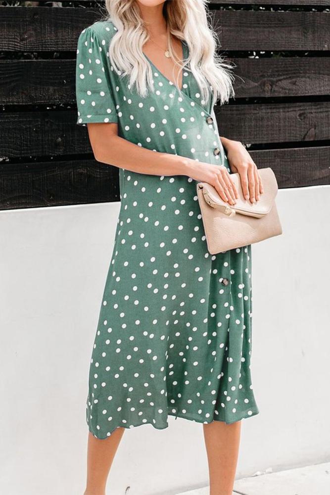 Green Polka Dot Button Down Aside Midi Dress