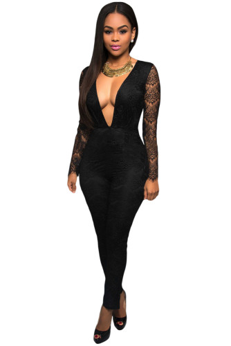 Black Lace Keyhole Back Jumpsuit