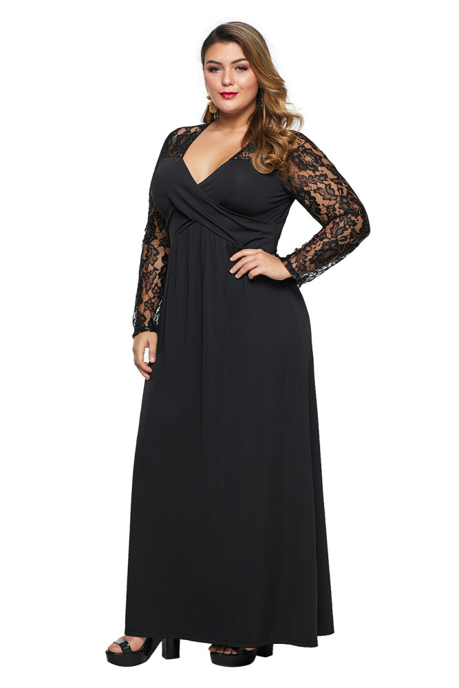 Black Lace Sleeve Cross Wrap Bust Ruched Back Plus Size Dress