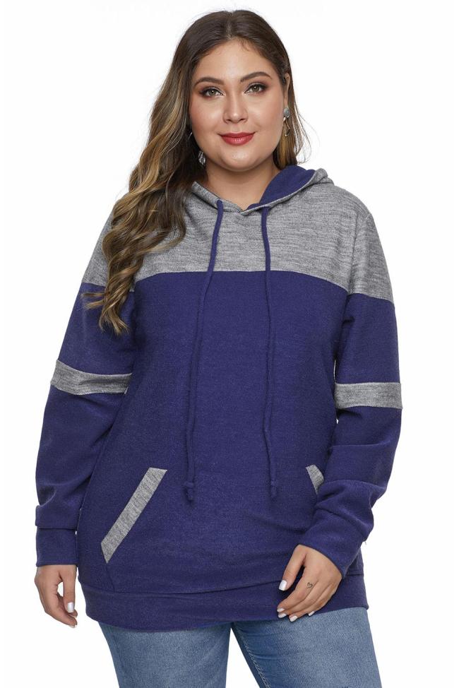 Blue Color Block Pullover Plus Size Hoodie with Pocket