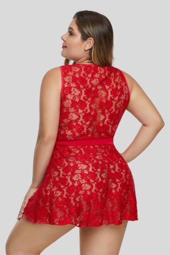 Red Wrap Sash Tie Floral Lace Plus Size Lingerie