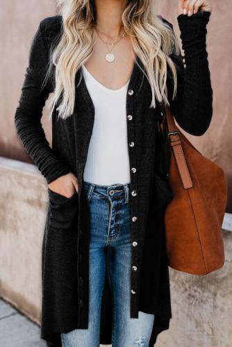 Black Selected Button Down Pocketed High Low Cardigan