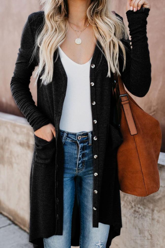 Black Selected Button Down Pocketed High Low Cardigan