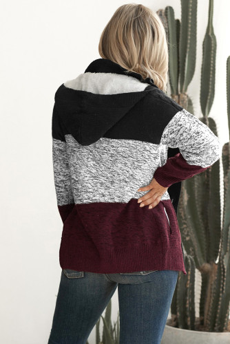 Black Hooded Button Cable Knit Cardigan