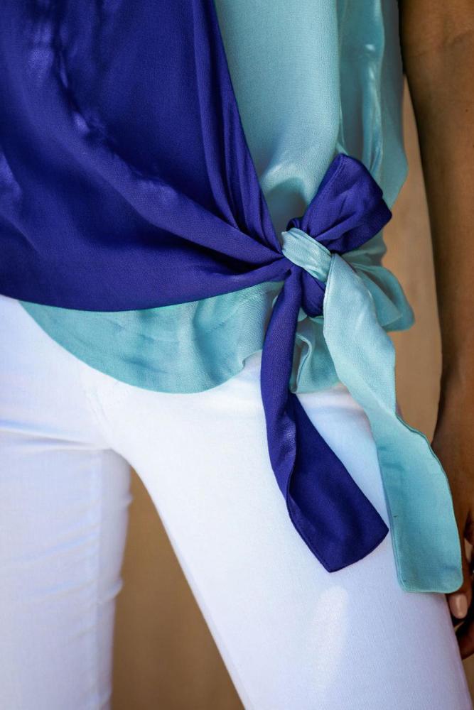 Blue and Turquoise Colorblock Drape Tie Tank Top