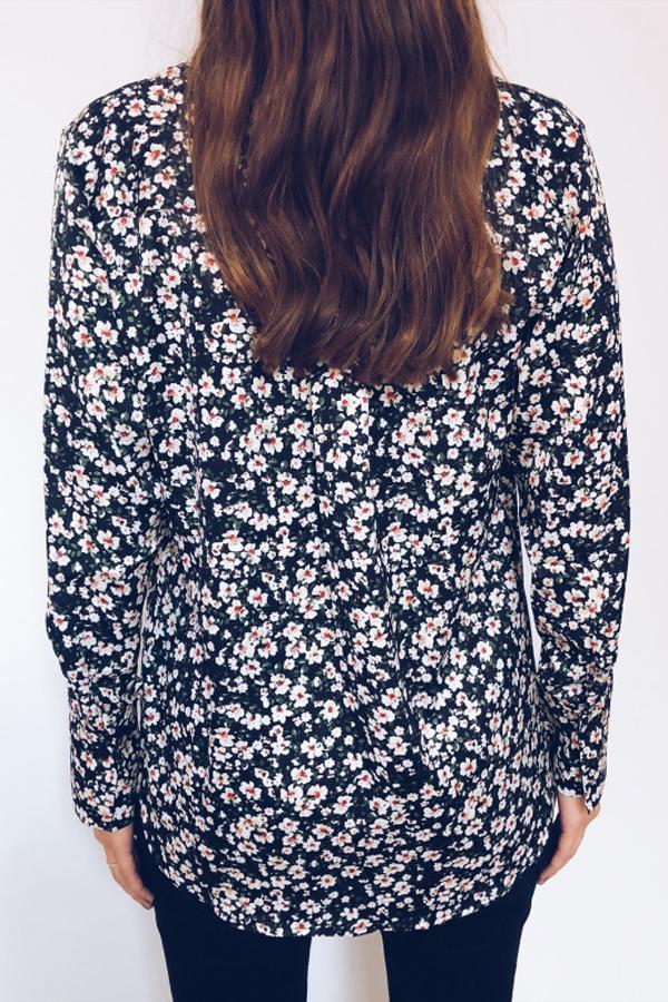 Black Floral Pattern Buttoned Shirt