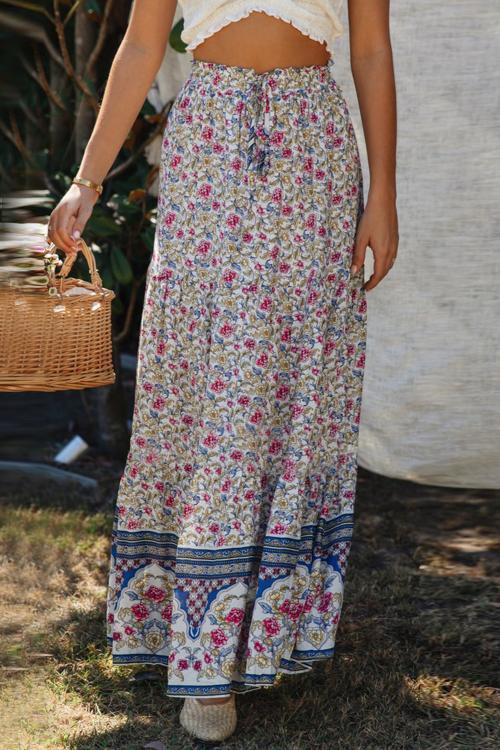 Blue Boho Floral Print Elastic High Waist Pleated A Line Maxi Skirt