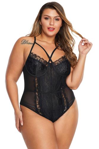 Black Cross Front Lace Detail Plus Size Teddy