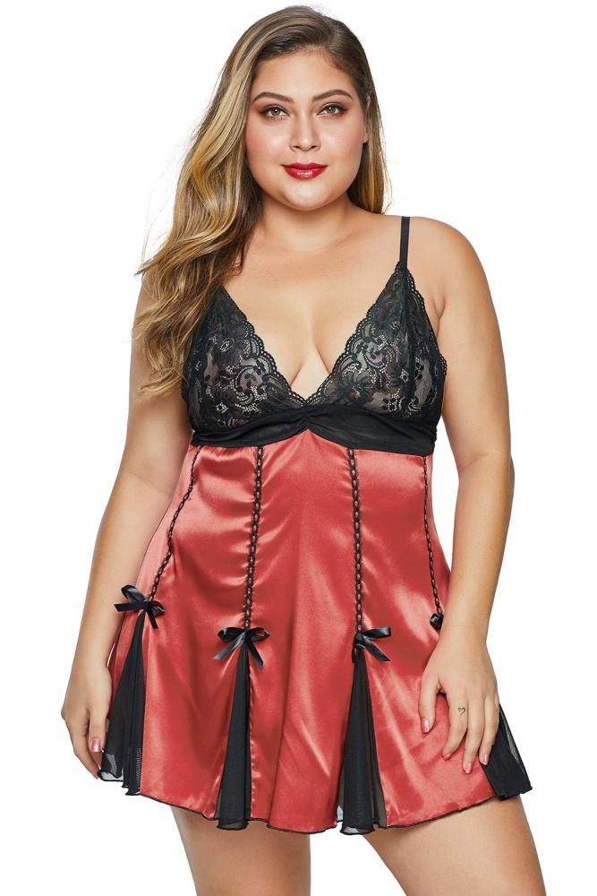 Orange Lace Cup Satin Tulle Plus Size Babydoll with Bowknot