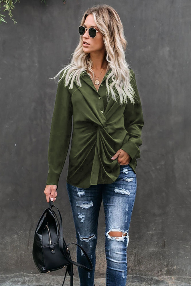 Green Button Down Twist Blouse