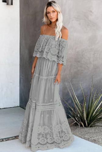 Gray Flower Child Off The Shoulder Lace Maxi Dress