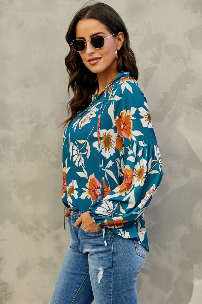 Blue Hues Of Autumn Floral Lantern Sleeve Blouse
