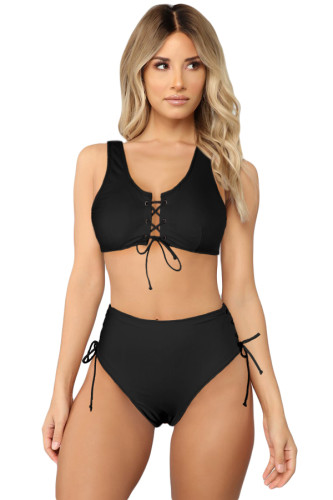 Black Lace-up High Waist Bikini
