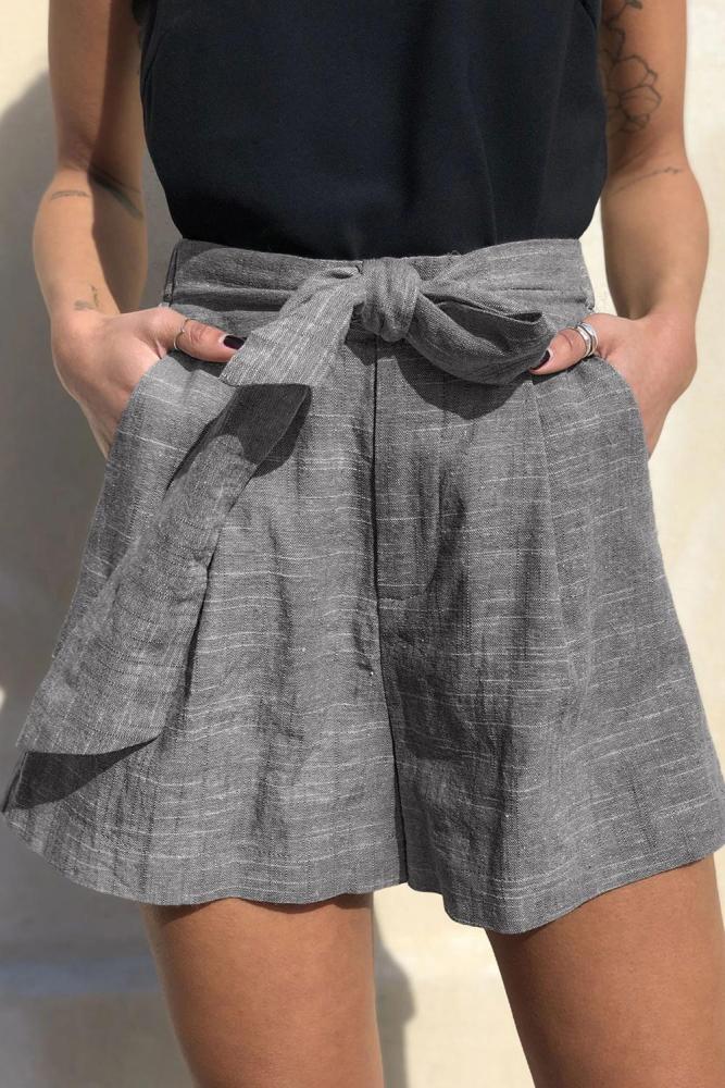 Black Tie Waist Casual Linen Shorts with Pockets