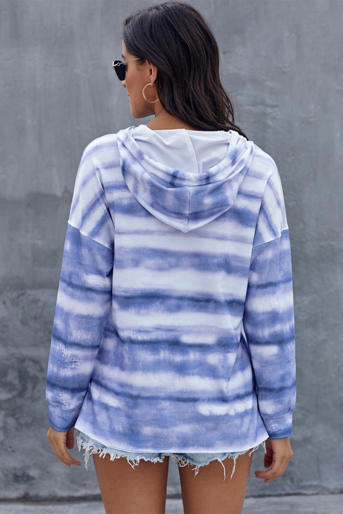 Sky Blue Tie Dye Long Sleeve Drawstring Hoodie