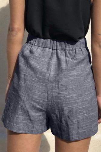 Blue Tie Waist Casual Linen Shorts with Pockets