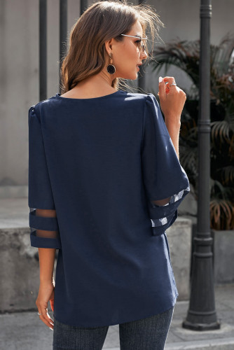 Navy Blue Flare Sleeve V Neck Button Down Blouse