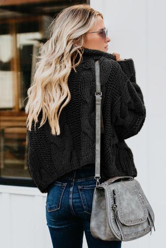 Black Cuddle Weather Cable Knit Handmade Turtleneck Sweater
