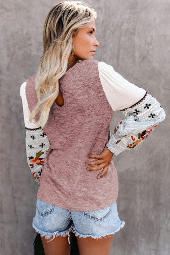 Pink Contrast Printed Sleeve Knit Sweatshirts