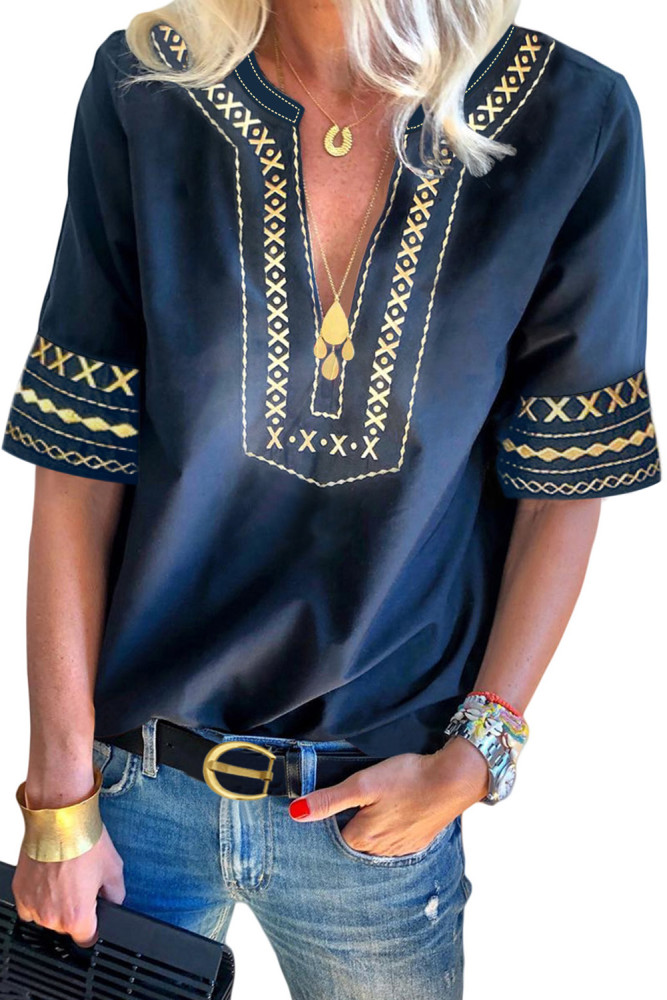 Blue Boho Embroidered V Neck Casual Top