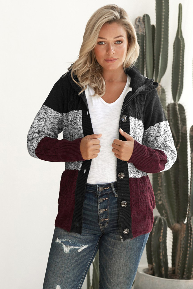 Black Hooded Button Cable Knit Cardigan