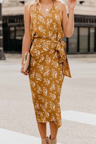 Yellow Floral Wrap Midi Dress