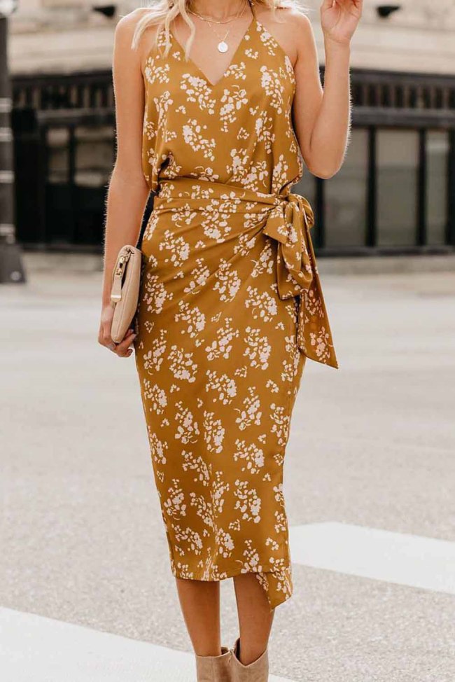 Yellow Floral Wrap Midi Dress