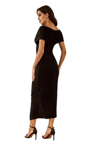 Black Glitter Off Shoulder Ruched Slit Party Dress