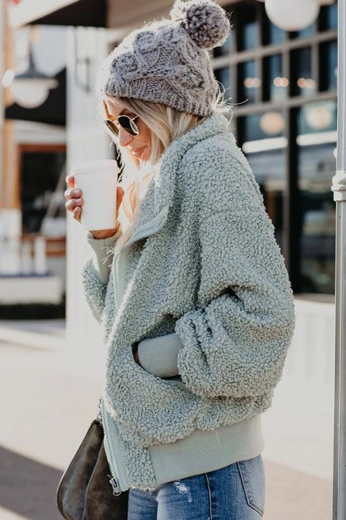 Green Cool For The Winter Pocketed Teddy Jacket