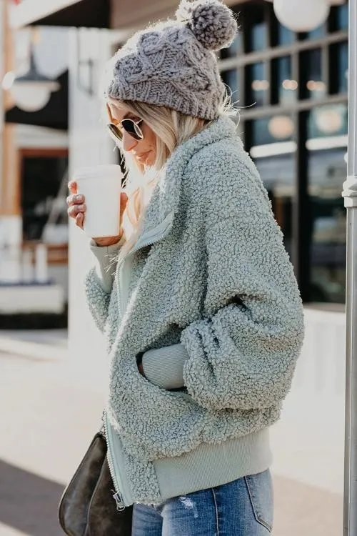 Green Cool For The Winter Pocketed Teddy Jacket