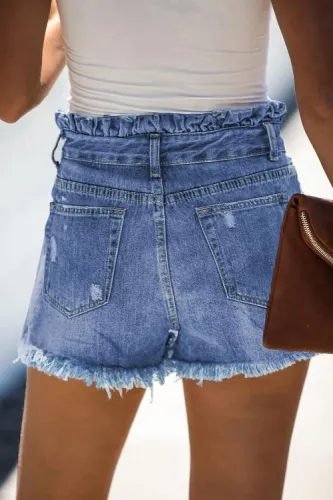 Sky Blue High Rise Ruffle Waist Denim Shorts