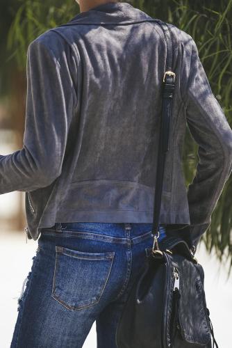 Dark Gray Zipped Notch Collar Short Jacket