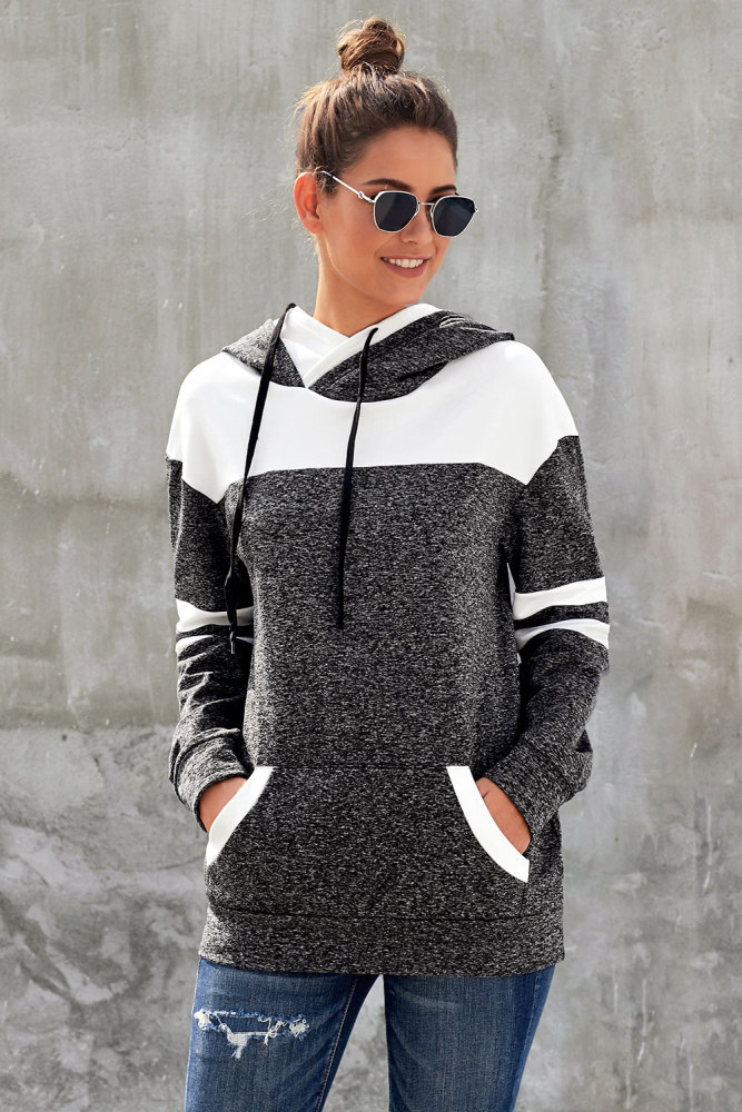 Black Color Block Pullover Hoodie with Pocket