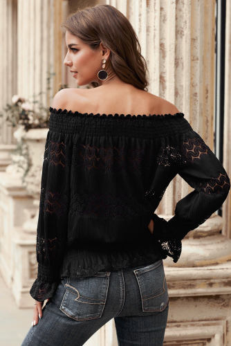 Black Off Shoulder Ruffle Long Sleeve Smocked Waist Lace Crochet Blouse